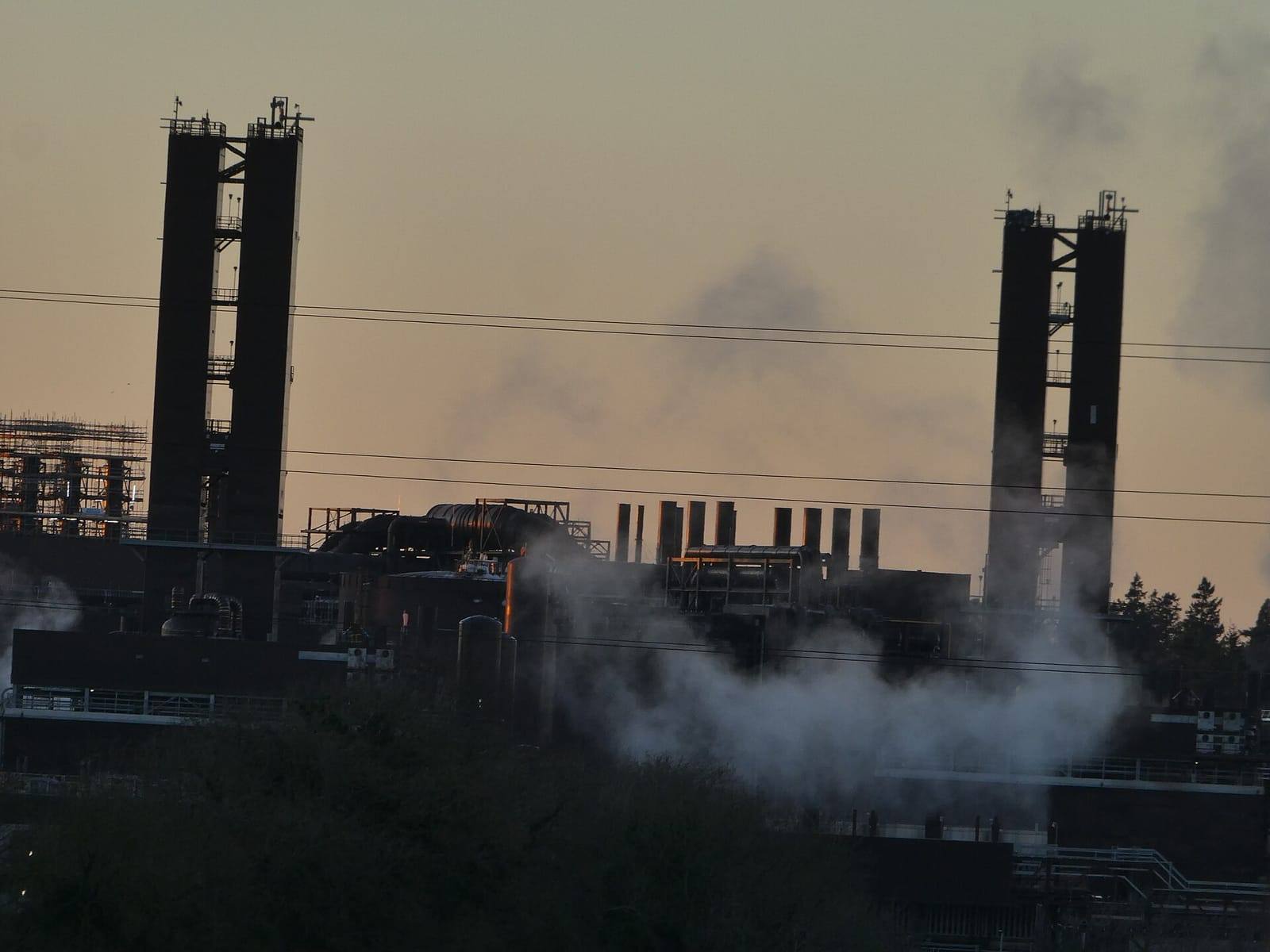 The towers and chimneys of the Intel plant at Leixlip in silhouette against a pale sky, with plumes of steam drifting in front of them.
