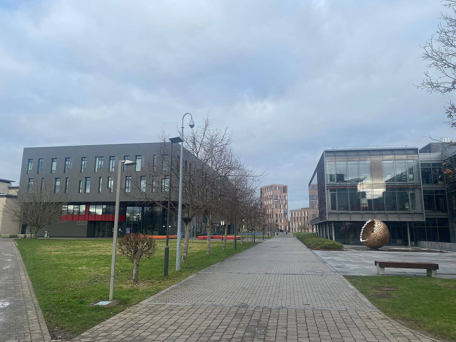 A paved walkway at Maynooth University between modern glass and dark-clad buildings, with a large bronze sculpture on the right.